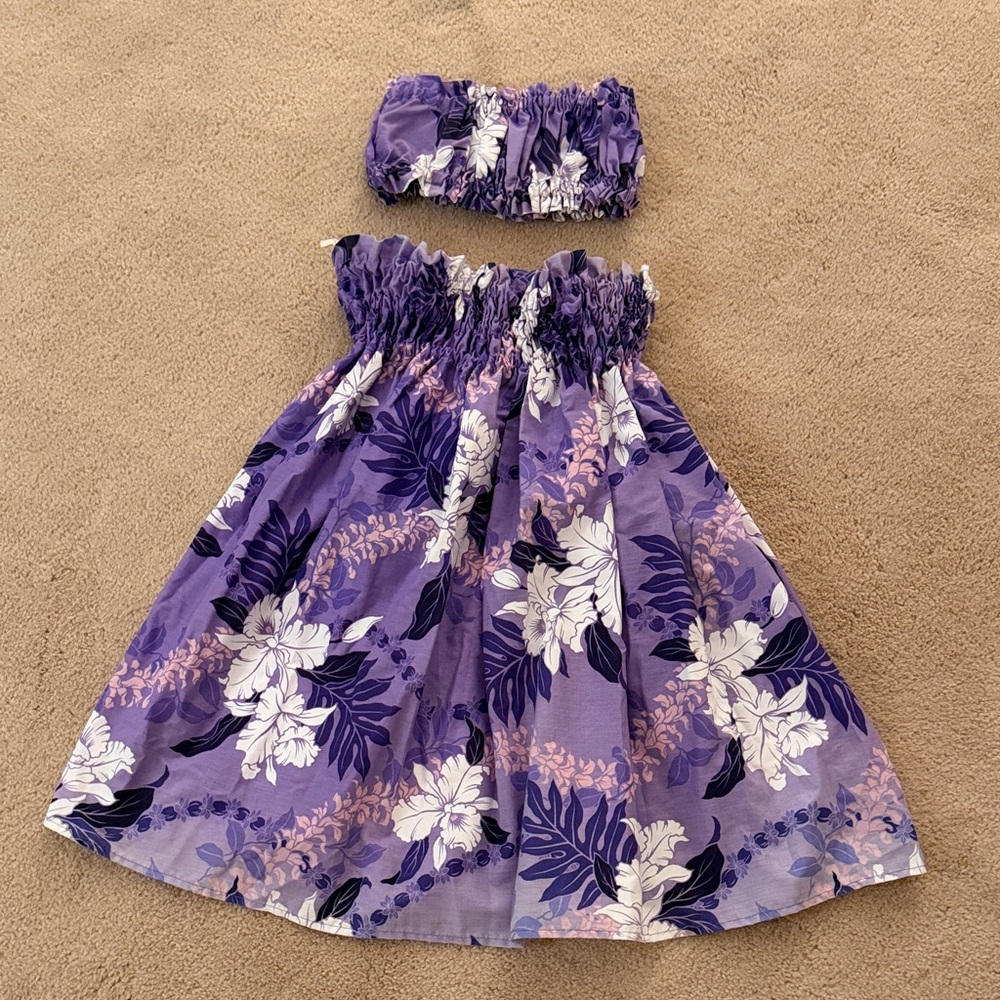 🌺 🌸🪻🌼 Purple Hawaiian Floral Dress with Matching Tube Top/Headband